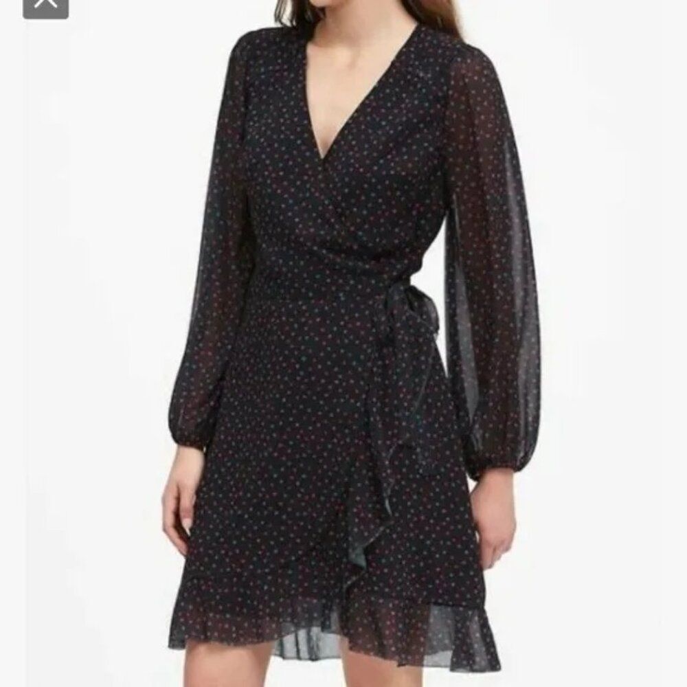 banana republic black red heart print ruffle mini wrap dress size 4